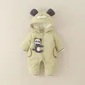 Winter infant hooded romper in light green corduroy with cute panda embroidery detail - 66 / Green