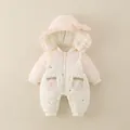 Pink winter baby romper with quilted texture, rabbit embroidery and strawberry pockets - 66 / Pink