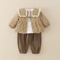 Three-piece winter set for girls featuring a quilted ruffle jacket and brown joggers - 120cm / Khaki