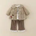 Conjunto de 3 piezas de invierno con chaqueta acolchada marrón y pantalón campana - 90cm / Caqui