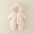 Pink hooded baby romper with floral quilting and sweet bow detail for winter warmth - Pink / 66cm