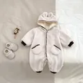 Detailed view of winter baby fleece romper with cute ear hood and plush booties - 66cm / Beige Grey