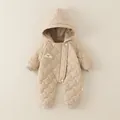 Quilted khaki hooded baby romper with a cute puppy patch for autumn and winter - 66 / Brown
