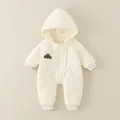 Quilted off-white hooded baby romper with cloud stitching and cute puppy embroidery - 66 / Beige