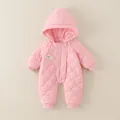 Pink quilted baby hooded jumpsuit with cute puppy embroidery and ribbed cuffs - 66 / Pink
