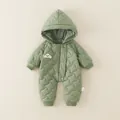 Infant quilted hooded romper in sage green with wave stitching and puppy applique - 66 / Green