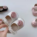 Elegant baby satin Mary Janes with silk roses and lace trim in white, pink, and black - S (11cm) / White