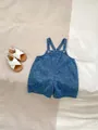 Detail of infant denim overalls featuring cute bear prints and white polka dots - 66CM / Dark Blue