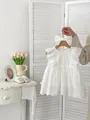 White cotton baby romper set with floral embroidery, flutter sleeves and lace headband - 66CM / White