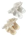 Two pairs of white and beige mesh cotton baby socks with floral lace ruffles and embroidery - S (0-1 Years) / White And Apricot