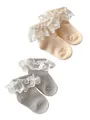 Pink and grey baby princess socks with delicate white lace and floral embroidery - Pink And Gray