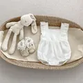 Baby white floral lace romper set with matching shoes and plush bunny in a basket - Baby Romper / 66cm