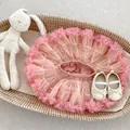 Pink tiered tulle tutu skirt with cream bow baby shoes in a cozy gift basket - S / Pink