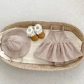 Σετ καλοκαιρινό φορμάκι με καρό σχέδιο για μωρά, καπέλο ηλίου και παπούτσια με δαντέλα - 66cm / Καφέ