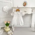 Baby girl white cotton floral embroidery dress with matching hat and lace shoes - Size 66 / White