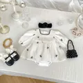 Detailed set of baby girl romper with bow prints, headband, shoes and a pearl handbag - 66cm / Set / White