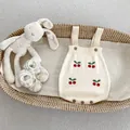 Detail eines Baby-Strick-Stramplers mit Kirschstickerei und Holzknöpfen im Weidenkorb - Kirsch Body / 66cm
