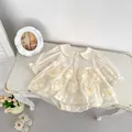 Detail of 3D rose appliques and frill cuffs on cream long-sleeve baby girl dress - Apricot / 80cm