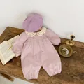 Floral Peter Pan collar pink baby romper suit with matching purple knitted beret - Purple / 66