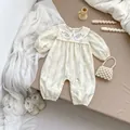 Detail of floral baby girl romper with Peter Pan collar and delicate flower embroidery - 66cm / Purple Floral