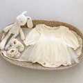 Off-white baby girl lace collar romper dress with tulle skirt and matching shoes - Apricot / 66cm