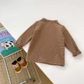 Flat lay of brown striped baby long sleeve shirt with flexible mock neck and storybook - 73 / Tops / Brown