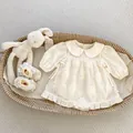Infant girl beige lace dress and soft-sole shoes set with floral 3D embroidery detail - 66 / Apricot
