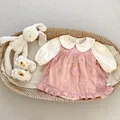 Pink floral tulle infant dress set with long sleeve bodysuit and lace shoes for baby girls - 66 / Pink