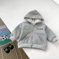 Close-up of gray fleece-lined toddler hoodie with KEEP GOING text and zipper detail - 110cm / Fleece Hooded Jacket / Gray