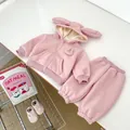 Detailoverzicht van roze winterset voor peuters met 3D konijnenoren en fleece voering - Roze / 73cm