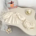 Toddler girl floral embroidery cotton set with puff sleeve blouse and bloomers in cream color - 66cm / Apricot
