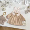 Detail of khaki toddler dress featuring cute rabbit ear collar and vintage lace ruffles - 73cm / Khaki