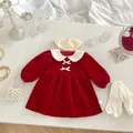 Close-up of red velvet toddler princess dress with silk bows and white beret set - 73cm / Red