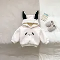 Baby fleece hooded sweatshirt in cream white with cute cartoon animal ears and stripe pants - 73cm / Puppy Style (Off-white Hooded Top + Black Striped Pants)