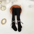 Infant girl spring black footed tights with cute grey bows and vertical knit texture - XS (Length 40cm) / Bottoms / Ink Black