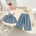 Girls denim two-piece set with daisy embroidery, lace camisole and wide-leg jeans - 73 / Blue