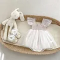 Detail of infant summer mesh tutu romper with lace pre-walker shoes and bunny decor - Dresses / Grey Blue / 66cm