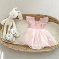 Detail of pink ruffle sleeve baby romper with mesh skirt and lace infant shoes - Dresses / Pink / 66cm