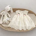 Detail of baby girl cream floral embroidery dress with cherry patches and bow shoes - 73cm / Dresses / Apricot