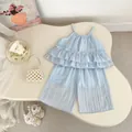 Two-piece girls set featuring ruffled blue tank top and matching wide leg pants in light fabric - 73 / Blue