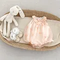 Detailed flat lay of pink infant floral embroidery romper with bow and lace baby shoes - 66CM / Pink