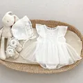Three-piece baby floral lace mesh bodysuit dress set with matching sun hat and bow shoes - 66 / White