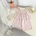 Detailed close-up of pink girls' ruffled camisole set with cotton linen fabric texture - 73 / Pink