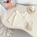 Cream ribbed long sleeve baby girl shirt with lace Peter Pan collar in retro setting - 73cm / Creamy White Base Shirt