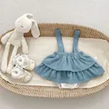 Detailed view of baby corduroy suspender dress set with lace trim and size label - Blue Corduroy Suspender Pants / 66cm