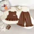 Three-piece toddler girl brown ruffle vest set with wide-leg pants and matching long sleeve shirt - 73 / Brown Vest and Pants Outfit Set
