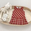 Detail van rode geruite babyjurk met kanten schoentjes en knuffelkonijn in een mandje - 73 / Dresses