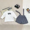 British style infant boy suit with white bow tie shirt and plaid suspender shorts - 66cm / Grey Plaid