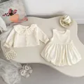 Elegant cream knit long sleeve cardigan and bubble skirt bodysuit set for baby girls - 66cm / Apricot