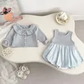 Light blue knit baby cardigan and ruffled tutu romper two-piece outfit set - 66cm / Blue